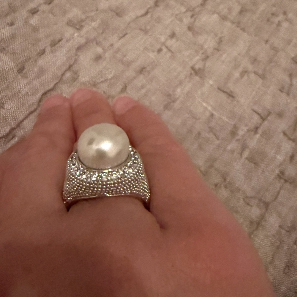 Statement Pearl Cocktail Ring 925 Sterling Silver Pavé CZ QVC Sz7 NWT - Picture 3 of 7